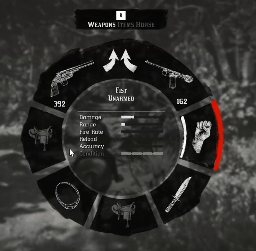 Red Dead Redemption Quick Access menu.